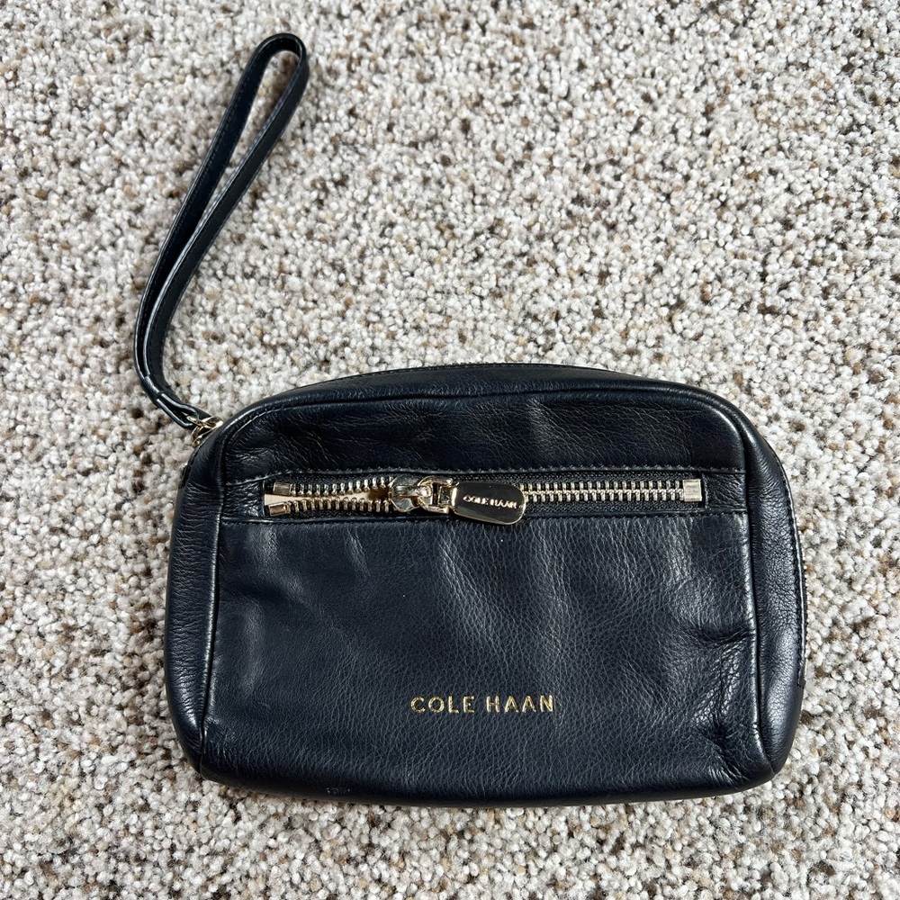 Cole Haan Black Leather Wristlet with gold accents